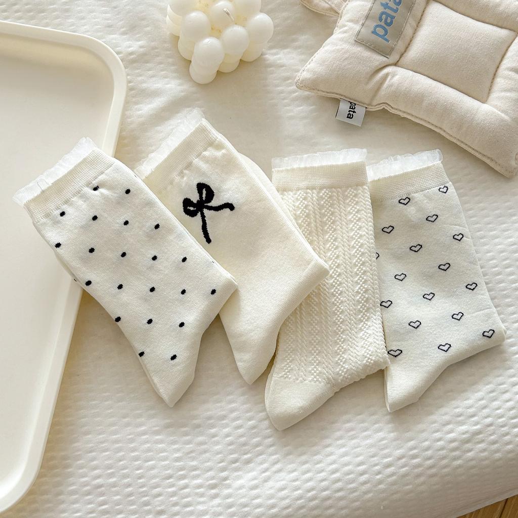 Женские носки, тонкие кремовые милые носки до середины икры с бантом, в горошек, с кружевом в форме сердечек, на весну и осень