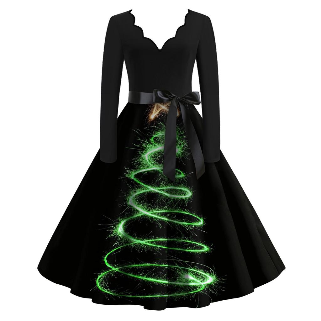 Женские модные повседневные тонкие рождественские платья с длинным рукавом с v-образным вырезом и принтом