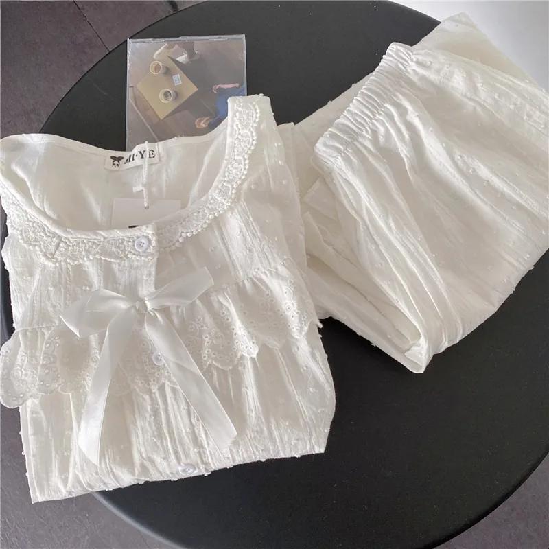 Пижама из хлопка и льна с кружевной кромкой в дворцовом стиле, женские брюки с длинными рукавами, кардиган, домашняя одежда