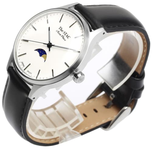The STAC Japanese-made Wristwatch, 36mm, Antique Retro Design, Moon Phase, Bar Pattern with White and Black Accents, ST-MF001, for Men and Women, Unis