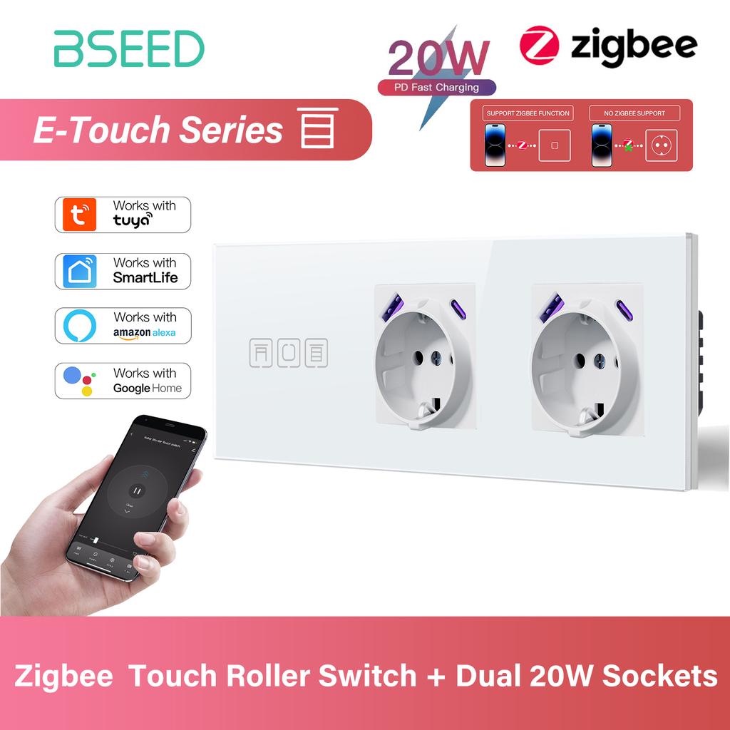 BSEED Zigbee Smart Blind Switch Electric Roller Shutter Switch With EU Socket USB Type-C Port Tuya Alexa Smart Life App E Series