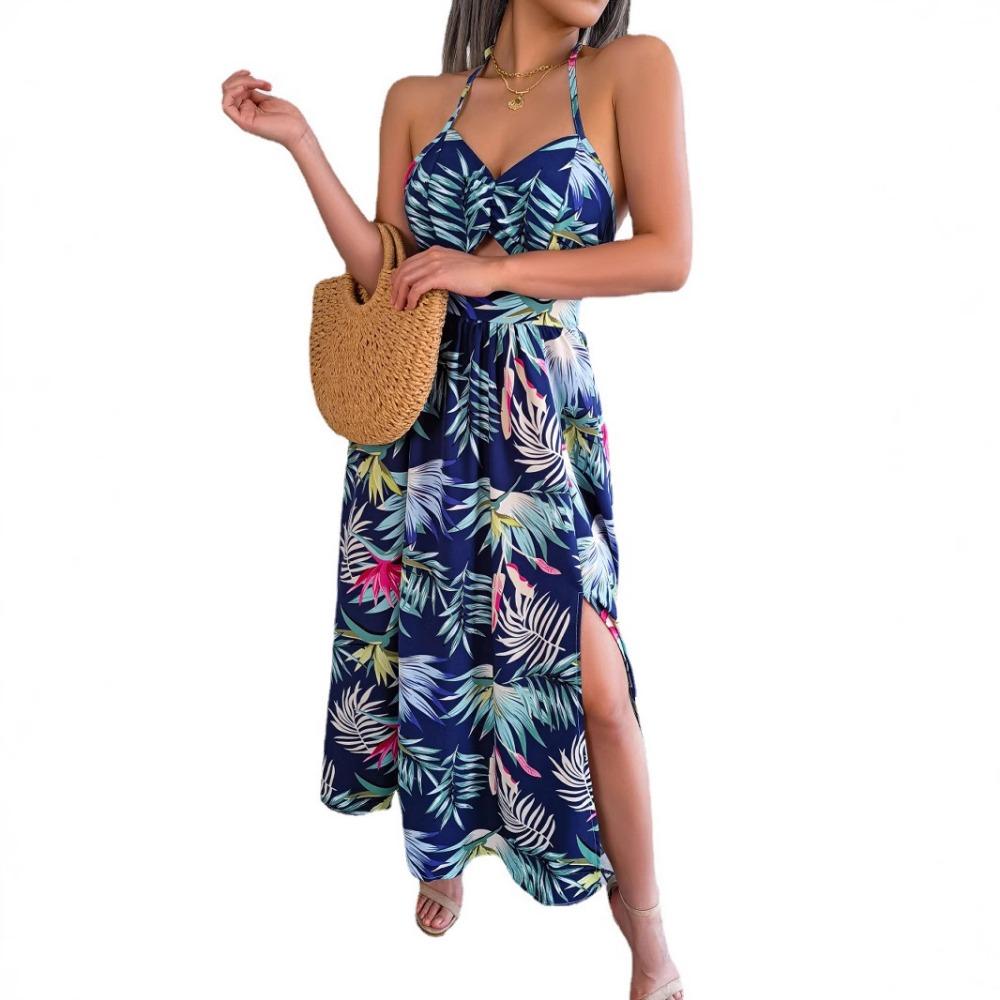 Spring and Summer Floral Sleeveless Hollow Out Halter Long Holiday Beach Dresses for Women