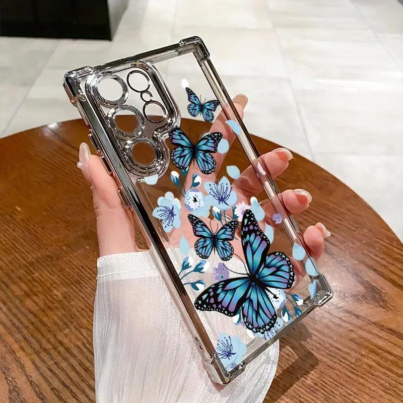 For Samsung Galaxy S23 S24 S25 Ultra S22 S21 Plus FE A55 A53 A35 A52s A36 A34 A54 A15 Blue Butterfly Plating Phone Case Cover