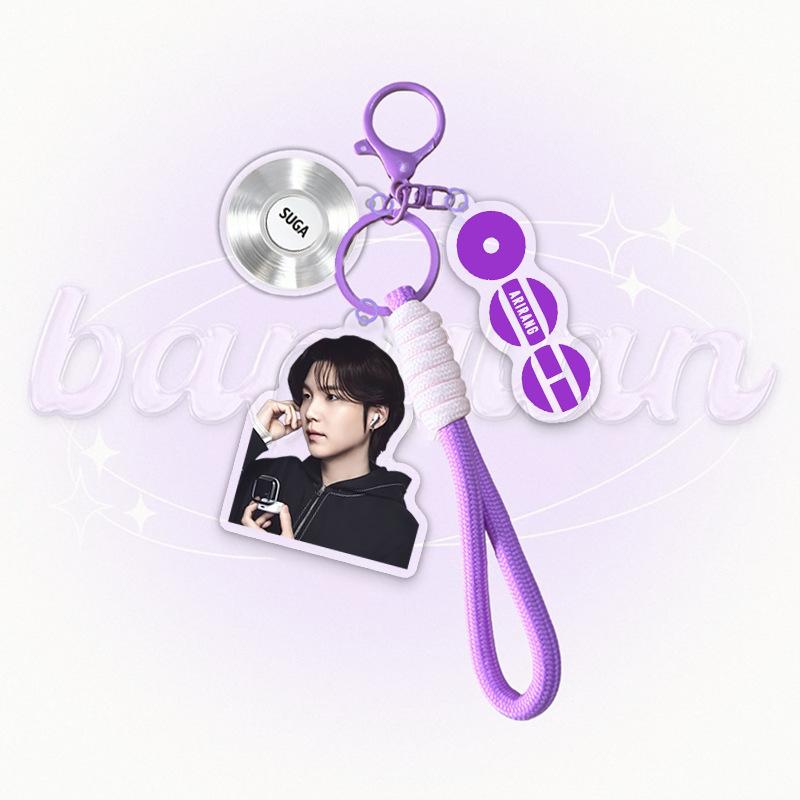 BTS Акриловый брелок с фото участника и фиолетовым плетеным ремешком, Брелок-подвеска в виде винилового диска Bangtan Boys, Аксессуар для сумки фаната K-pop ARMY