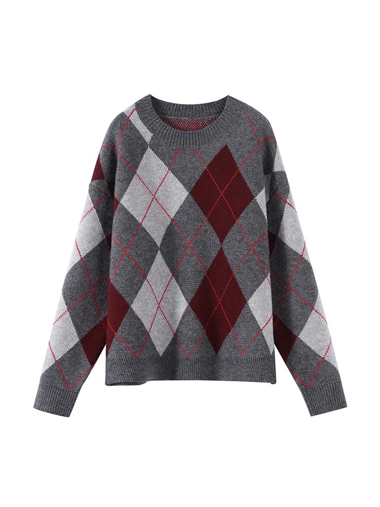 Женский жаккардовый вязаный свитер с ромбовидным узором, с круглым вырезом, женский теплый и модный зимний пуловер с круглым вырезом 2025