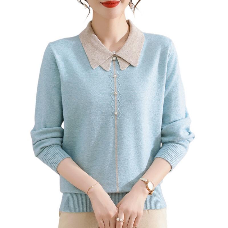 Mom Autumn Knitted Sweater Bottom Lapel New Top Medium and Old Women's Sweater Outer T-shirt Women