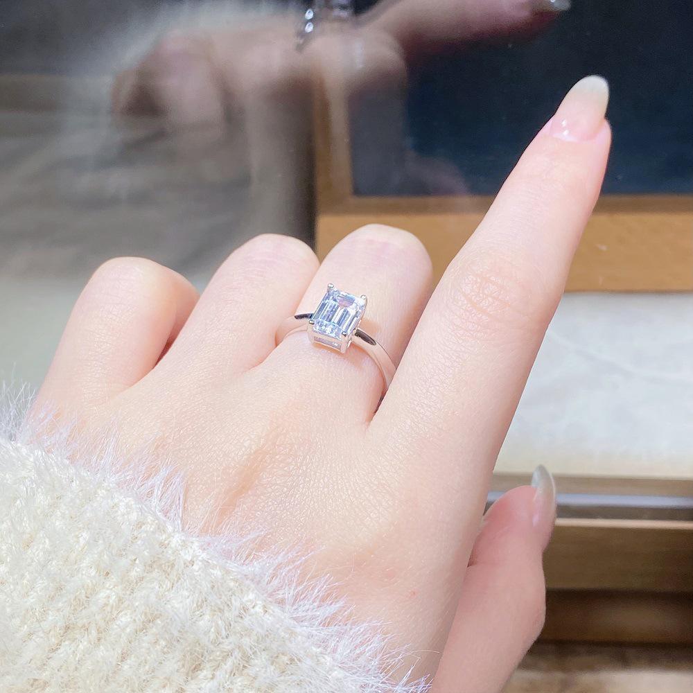 Emerald Cut Moissanite Ring, 2 Carat D Color, 925 Silver Four-Claw Setting.