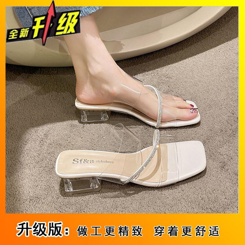 One-word Drag Trendy Shoes Crystal Slippers Women's Summer Outer Wear 2025 Summer New Fashion Temperament Thick Heel Transparent Cool Slippers