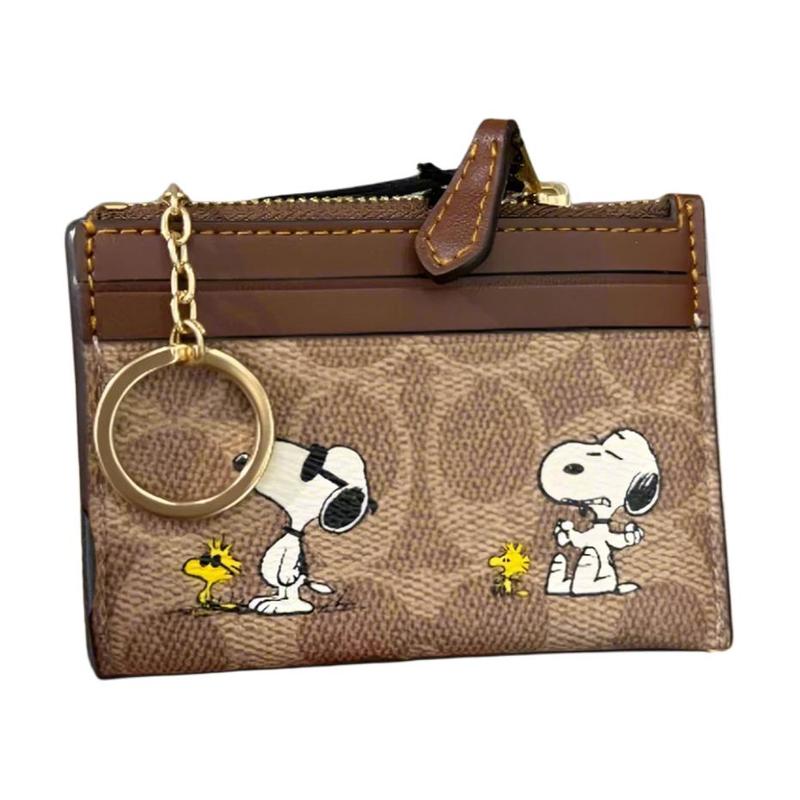 Coach PEANUTS 8 Кожаный держатель для карт с принтом Снупи, одинаковый стиль для мужчин и женщин, коричневый