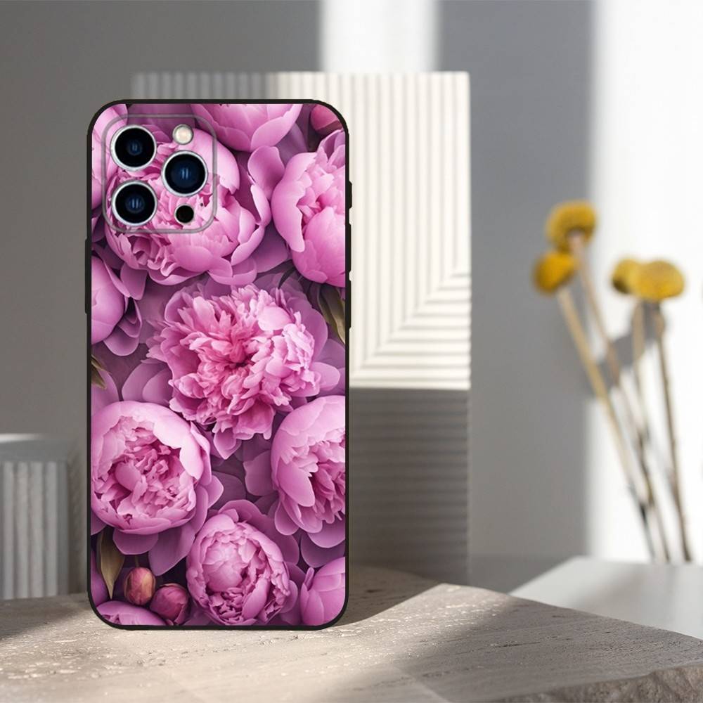 Pink Purple Peony Elegant For iPhone 12,14,13,15,8,7,16,11,17,X,Mini,Plus,Pro,XR,SE,XS,Max,Soft Silicone Black Case