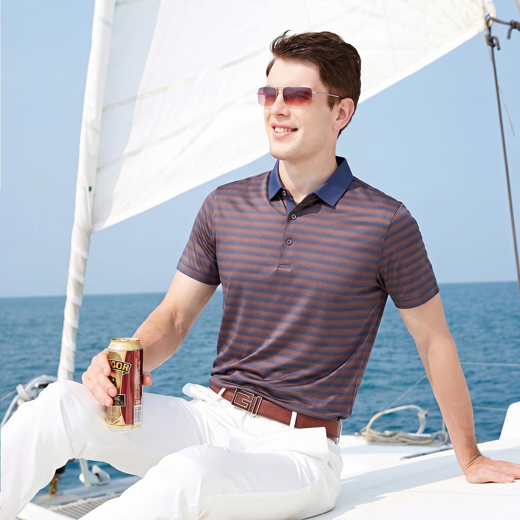 Lodz [Mulberry Silk] striped T-shirt men's summer top men's business casual lapel breathable cool T-shirt