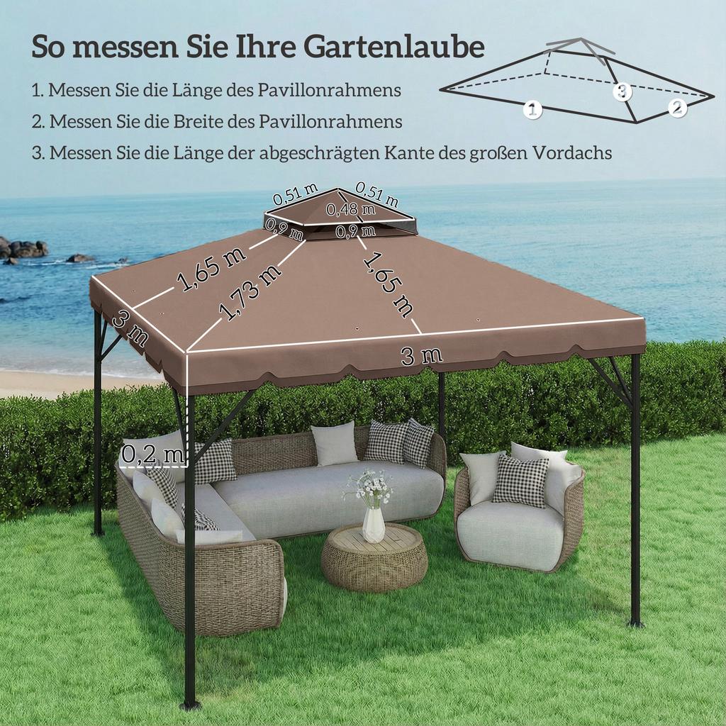 Replacement Roof for Gazebo 3x3m Water-Repellent Gazebo Roof with Double Roof Water Drainage Holes Khaki