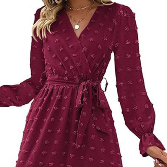Long Sleeve Maxi Dress for Women V Neck Dot Design Boho Wrap Dress Casual Flowy Slit Wedding Guest Dress for Cocktail Party