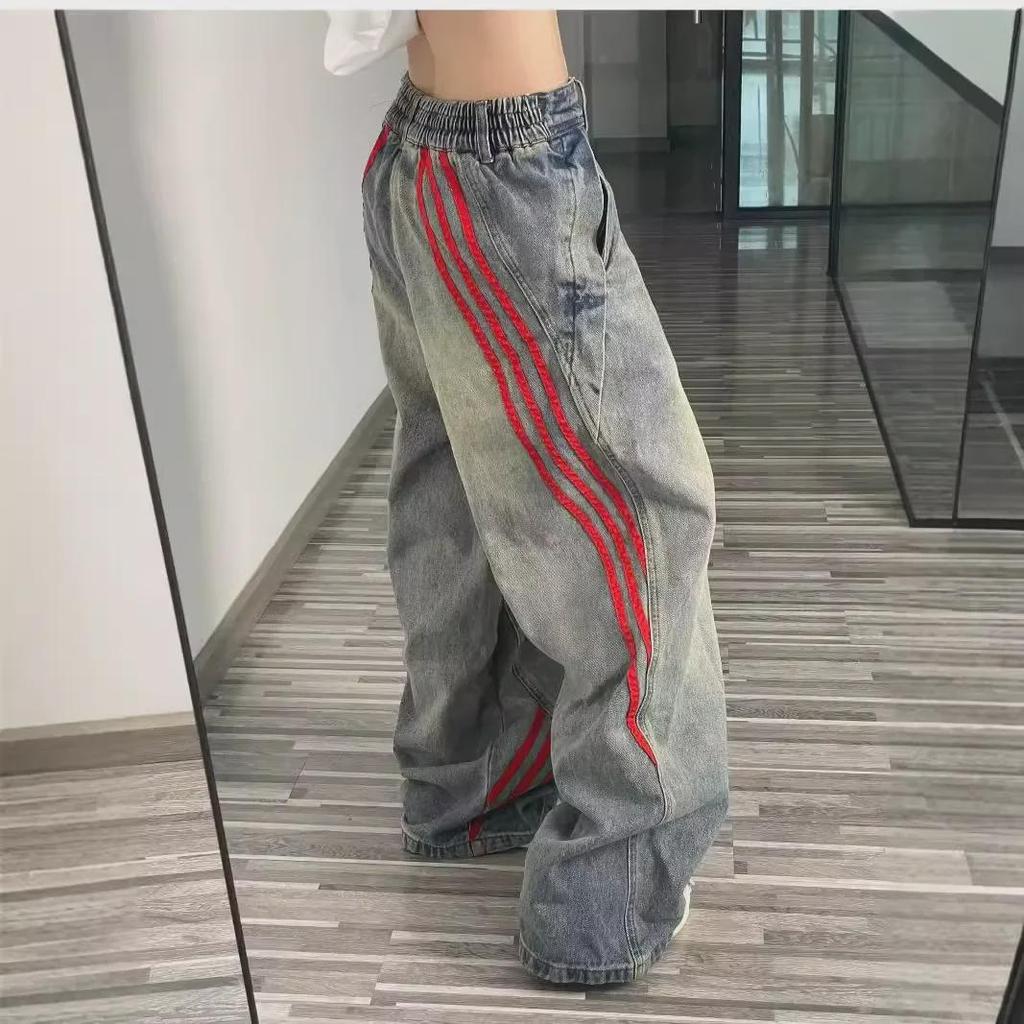 Джинсы унисекс с потертостями и полосками, коллекция весна 2024 г., свободный широкий крой