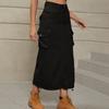 Women's Fashionable Casual Solid Color Washed Denim Multi-Pocket Midi Skirt