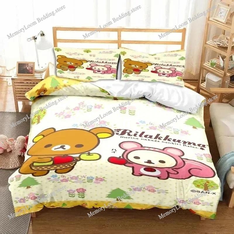 Anime Character Cute Rilakkuma Bear Bedding Set Full/Queen/King Size Duvet Cover Pillowcase Kids Adult Soft Home Textile Set