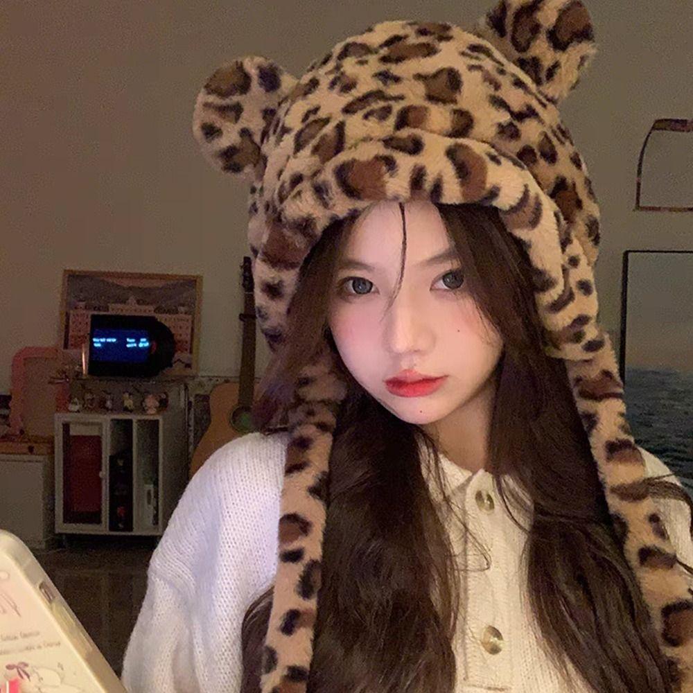 Korean Style Plush Bear Hat Leopard Print Ear Protection Hat Warm Cartoon Fleece Hat  Girls