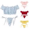 Pleated Mesh Lingerie Set Women Sweet Cute Babydoll Sleepwear Ladies Strapless Tops+Briefs Underwear Set