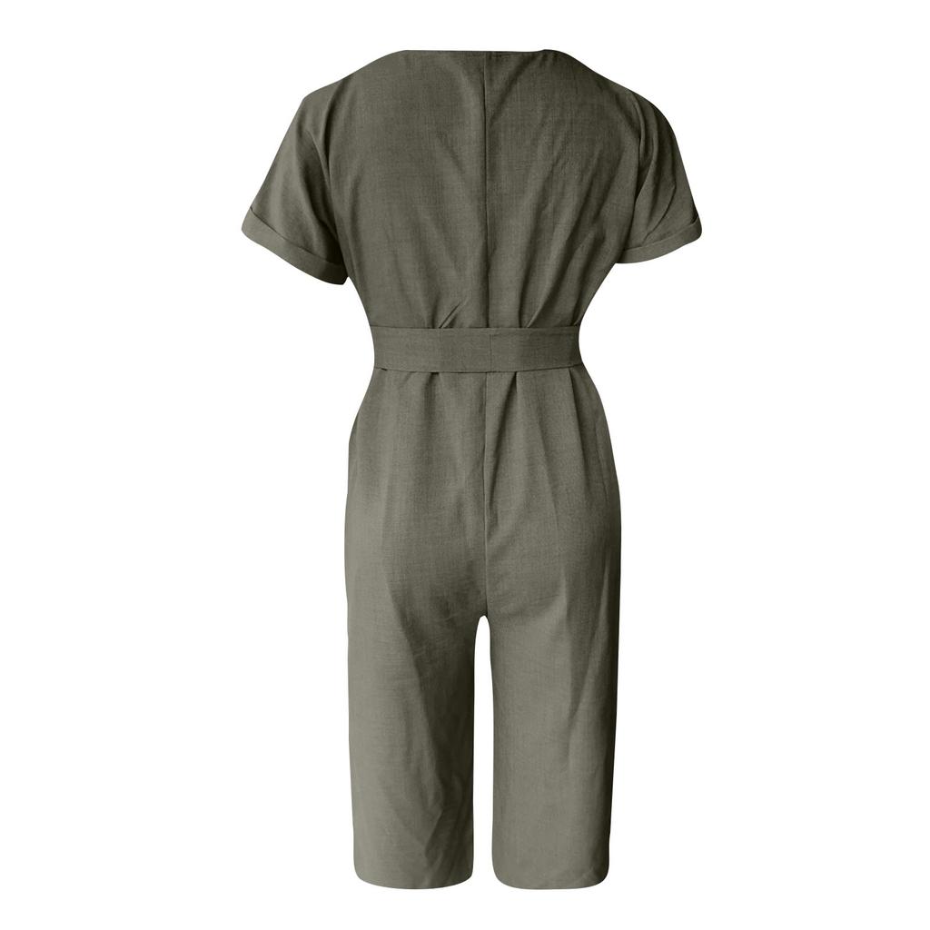 Women Summer Fashion Button Belted Wide Leg Jumpsuits With Pockets Solid Color Short Sleeves V Neck