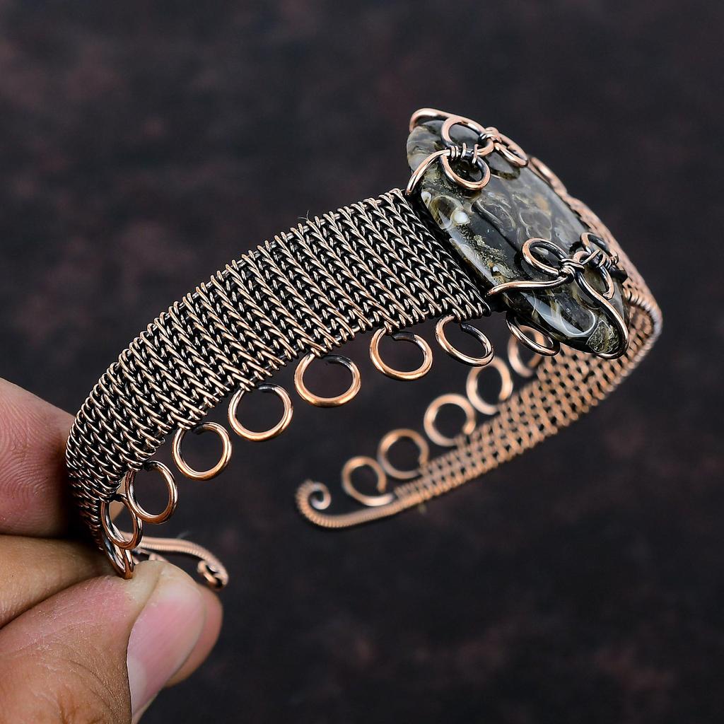 Turritella Agate Cuff Bracelet Copper Wire Wrapped Gemstone Jewelry Handmade Adjustable Cuff Bracelet Copper Wire Wrap Bangle Gift For Mom