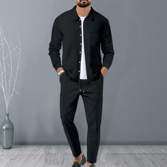 Мужской костюм-двойка, повседневная рубашка с вафельным узором и длинным рукавом, брюки на шнурке, весна-осень, офисный уличный стиль, повседневная одежда