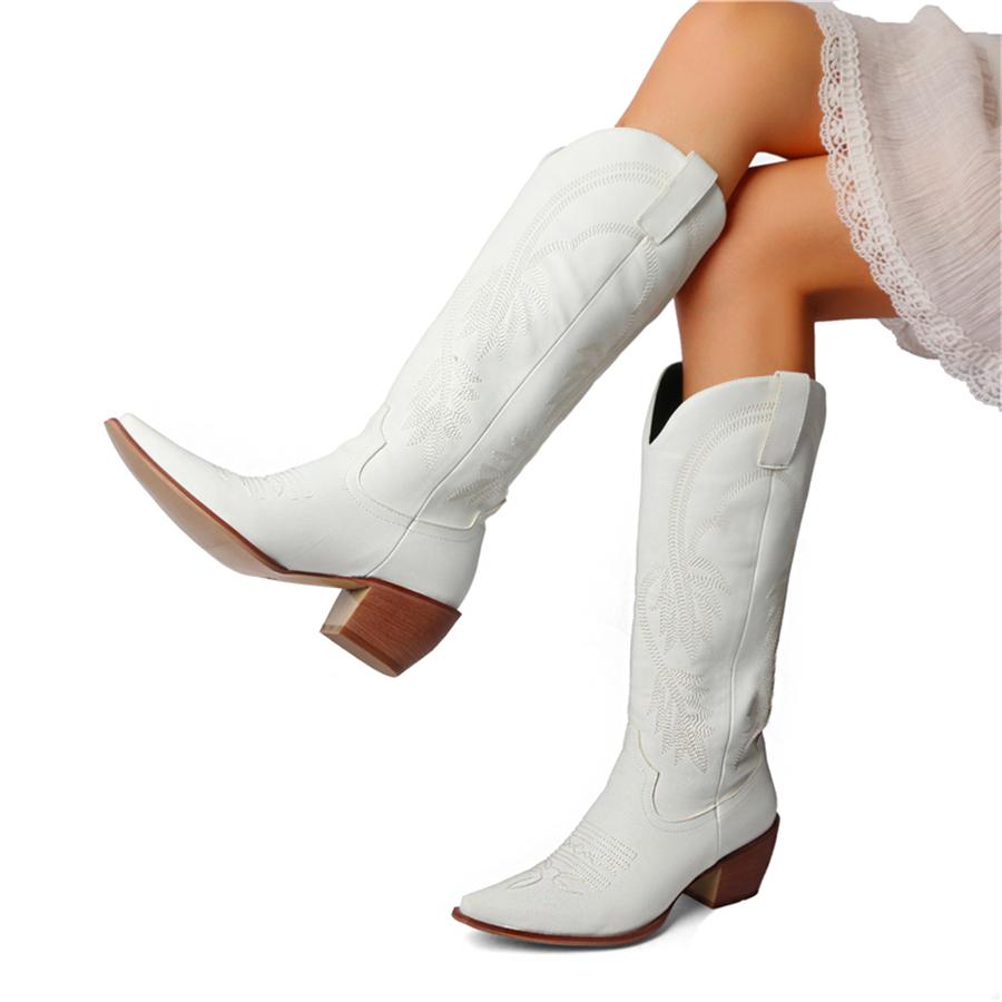 FOREADA Женские ковбойские сапоги до колена, с острым носком, на массивном высоком каблуке, с вышивкой, в стиле вестерн, сапоги гого, женская модная обувь, зима, красные