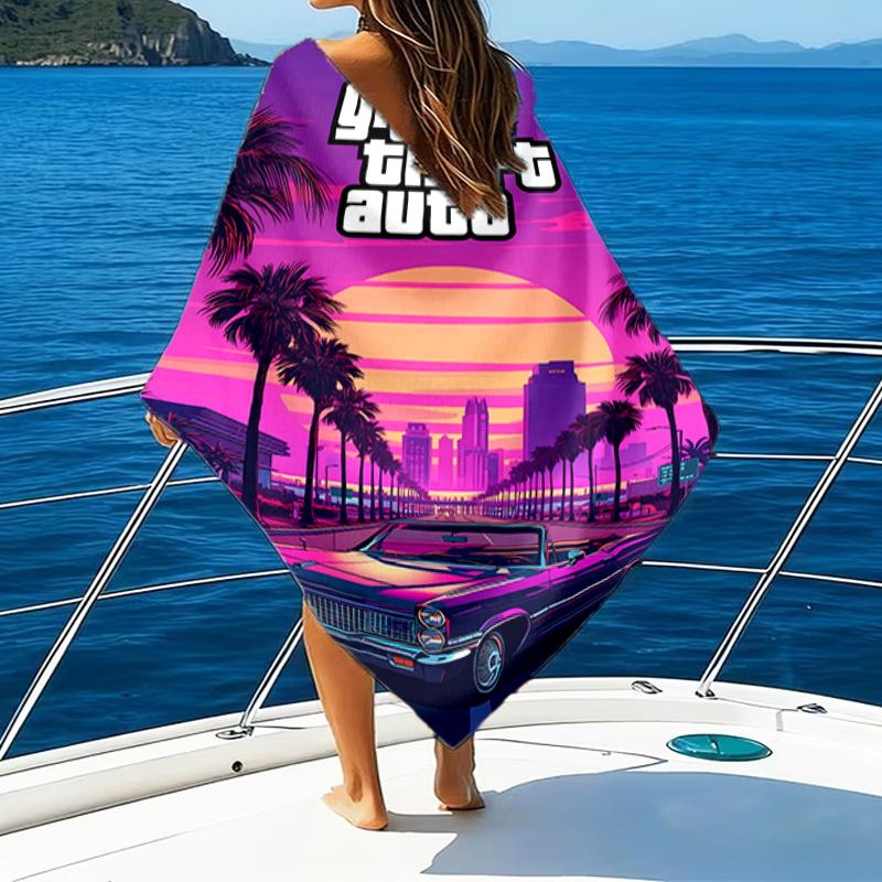 Пляжное полотенце с рисунком игры Grand Theft Auto - мягкое, впитывающее, можно стирать в машине. Легкое и современное, для плавания, незаменимо в путешествиях