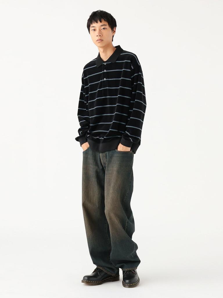 Beams Men's Wide Fit Velvet Striped Polo Shirt, Black, Size L (11120212639)