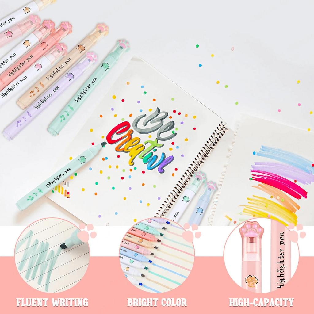 Набор из 6 хайлайтеров в виде кошачьих лапок – Флуоресцентные маркеры для заметок, ведения дневника и использования в офисе – Пастельные цвета