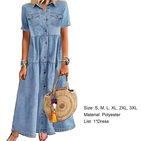 Spring Summer Demin Dress Solid Color Single Breasted Long A-Line Dress for Office