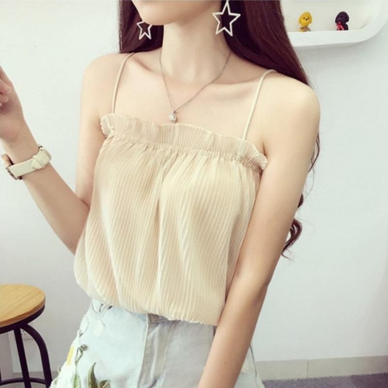 Retro Summer Outer Wear, Holiday Pleated Sexy Versatile Bottoming Camisole Women's Chiffon Fresh Top