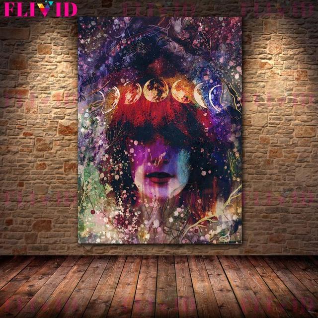 Искусство ведьмы и луны, печать плакатов, летающая ведьма, метла, настенное искусство, полнолуние, ведьма и бутылка с заклинаниями, холст, искусство