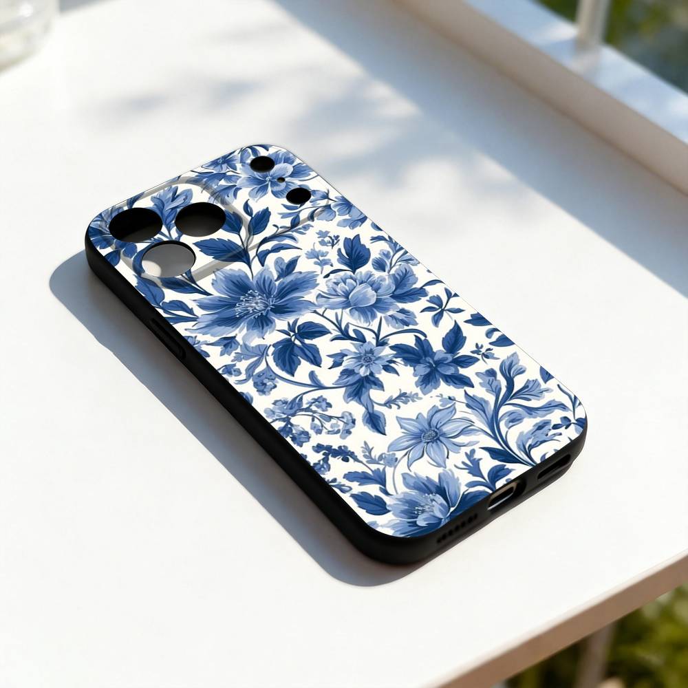 Сине-белый фарфоровый арт Для iPhone 17,16,15,14,13,12,11,Pro,Max,Plus,E,SE4,Air,Mini Черный мягкий чехол