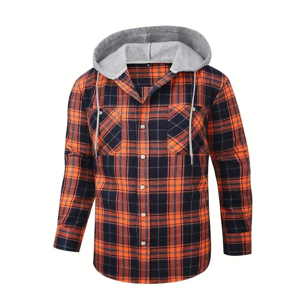 Мужская клетчатая рубашка с длинным рукавом, мужская толстовка с капюшоном и карманами на пуговицах