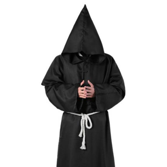 4Pcs/Set Halloween Cloak Costume Medieval Monk Robe Wizard Cosplay Dance Fabric Cape with Strong Drape Big Hat Necklace Waist Rope