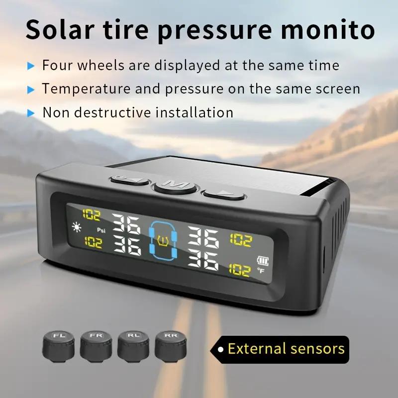 Solar TPMS Car Tire Pressure Alarm Device Auto Tyre Pressure Security Colorful Digital Display 4 External Sensors Tire Pressure Temperature Warning