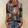 Trendy Vintage 3/4 Sleeve Top For Women ,Ladies Casual Three Quarter Sleeve Round Collar Printed T-Shirt Blouse