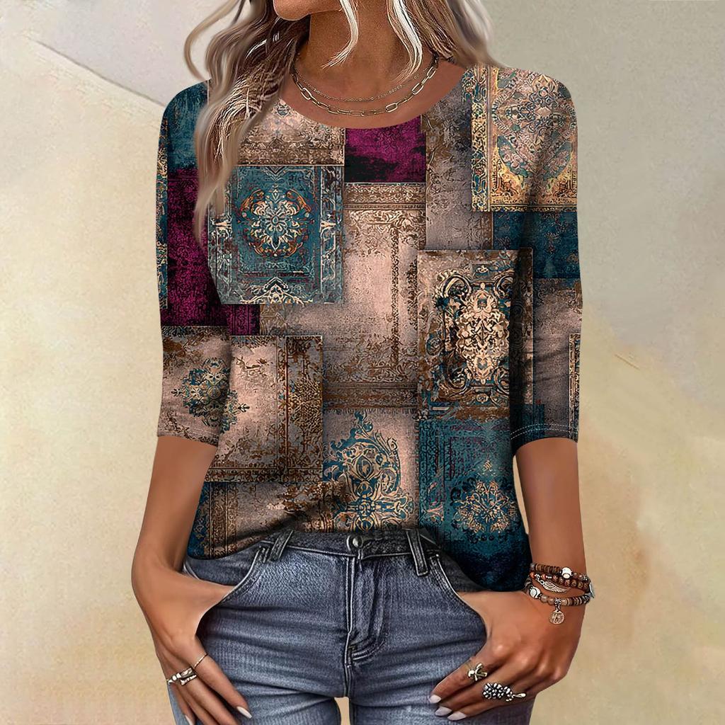 Trendy Vintage 3/4 Sleeve Top For Women ,Ladies Casual Three Quarter Sleeve Round Collar Printed T-Shirt Blouse