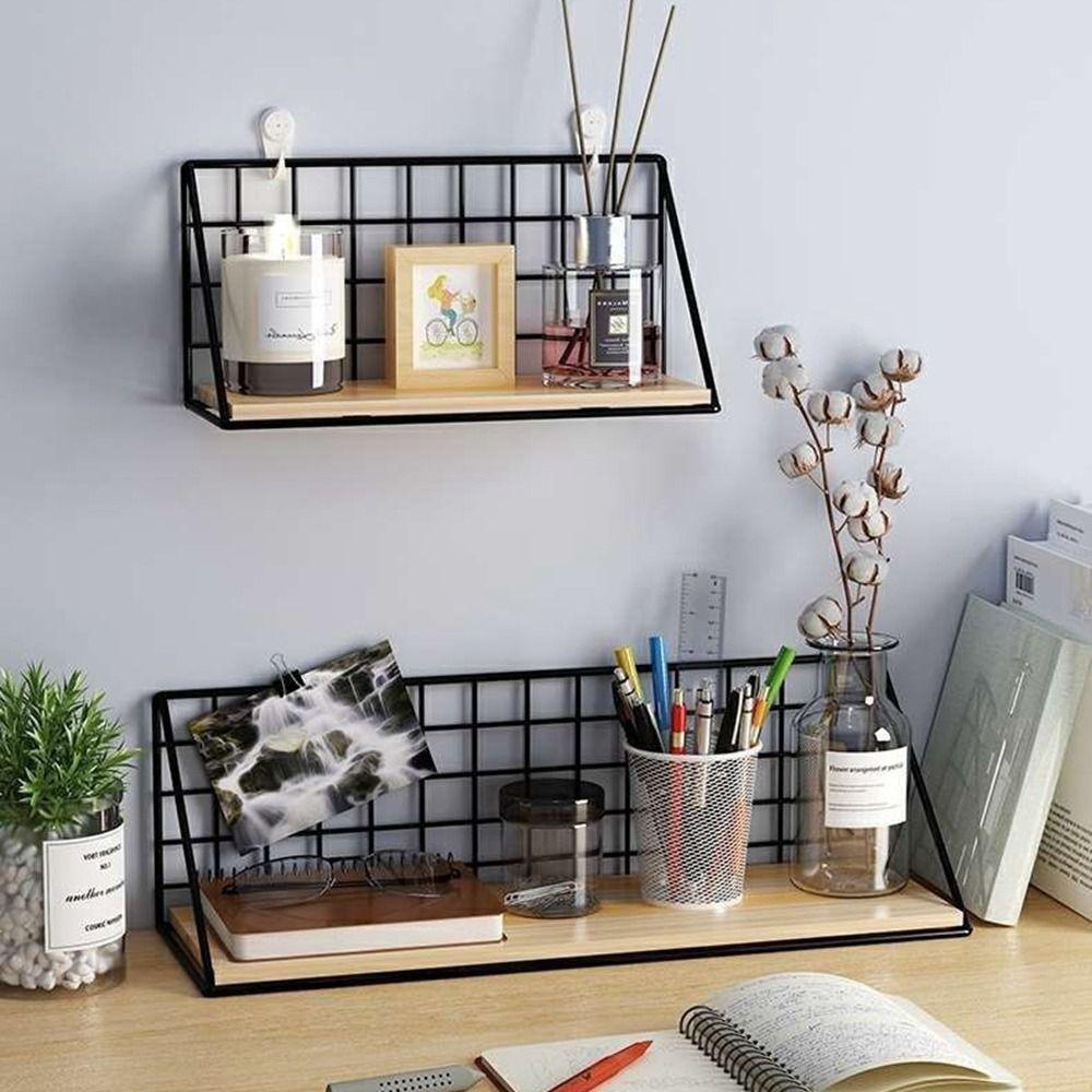 Punch-Free Wall Mounted Storage Rack Grid Shower Hanging Basket Wooden Iron Wall Shelf Home