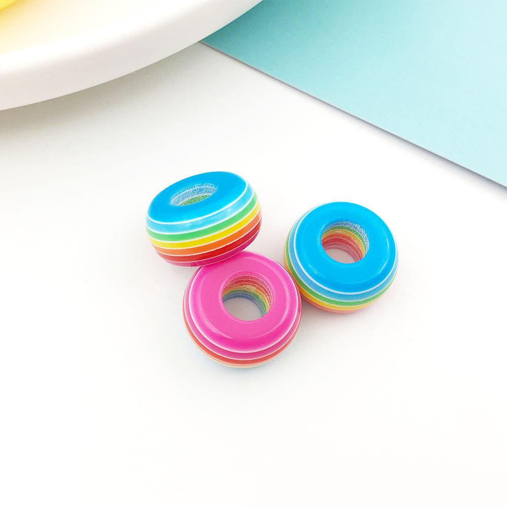 10 шт., 8*14 мм, круглые бусины из смолы в полоску с большим отверстием, акриловые семицветные радужные свободные бусины, браслет «сделай сам», интервальные бусины
