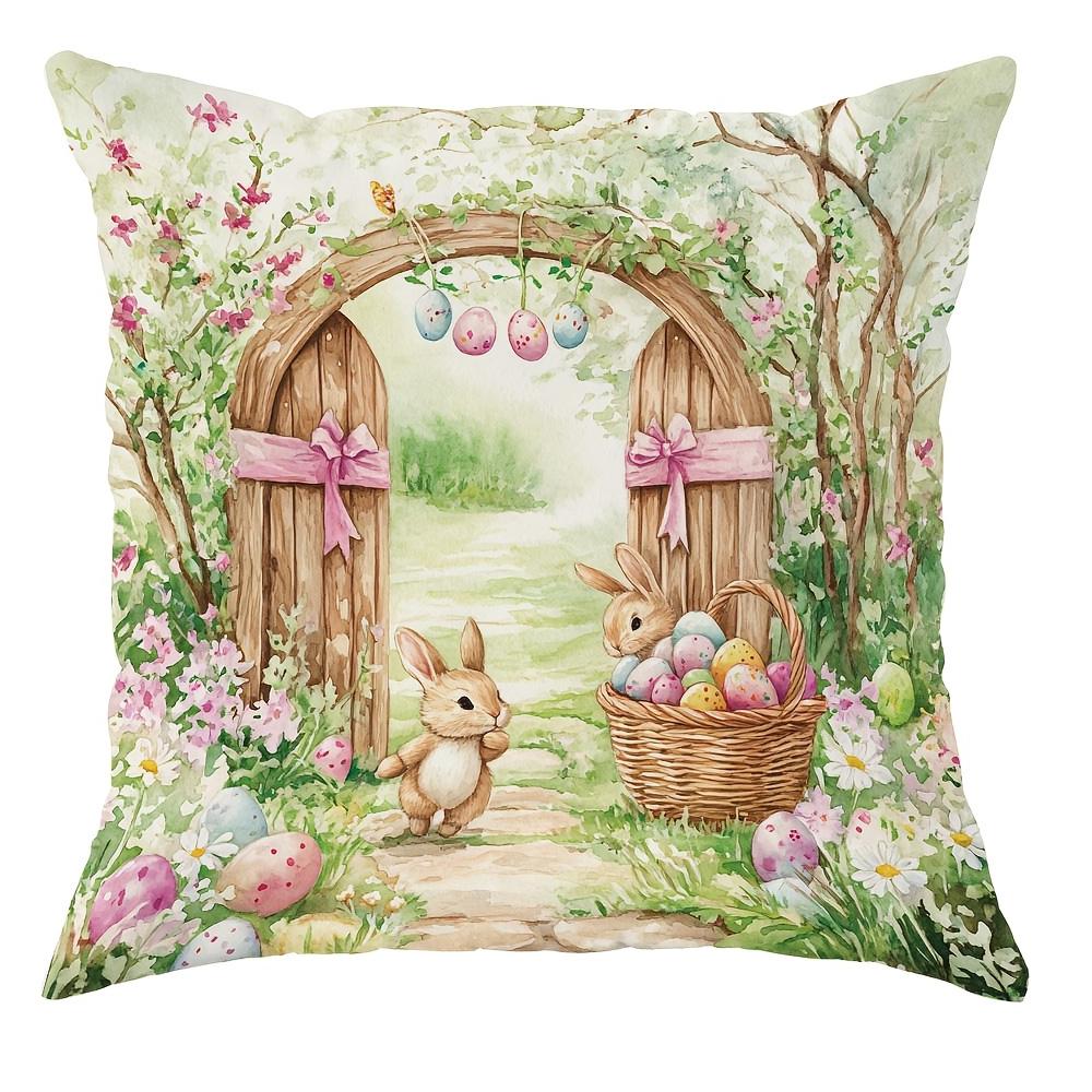 1Pc Easter Decor Bunny Egg Flower Pillowcase Cute Funny Brown Pink Green Soft Comfortable Double Sided Printed Spring Decor