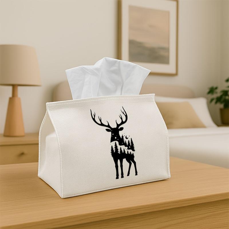 1pc Minimalist Wildlife Graphic Party Polyester Tissue Box with Deer Forest Silhouette, Multi-Functional Fabric Tissue Box, Outdoor Party Supplies, Ho