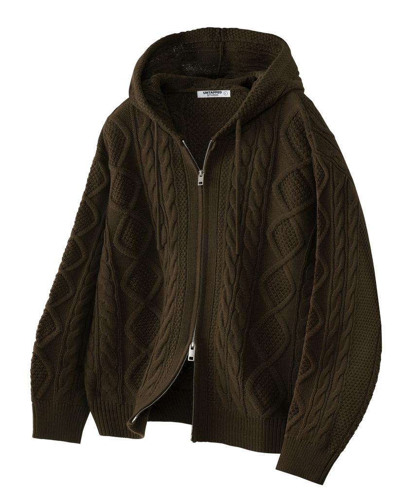 UNTAPPED STUDIO Oversized 2-Way Aran Cable Knit Zip-Up Hoodie 5 Colors
