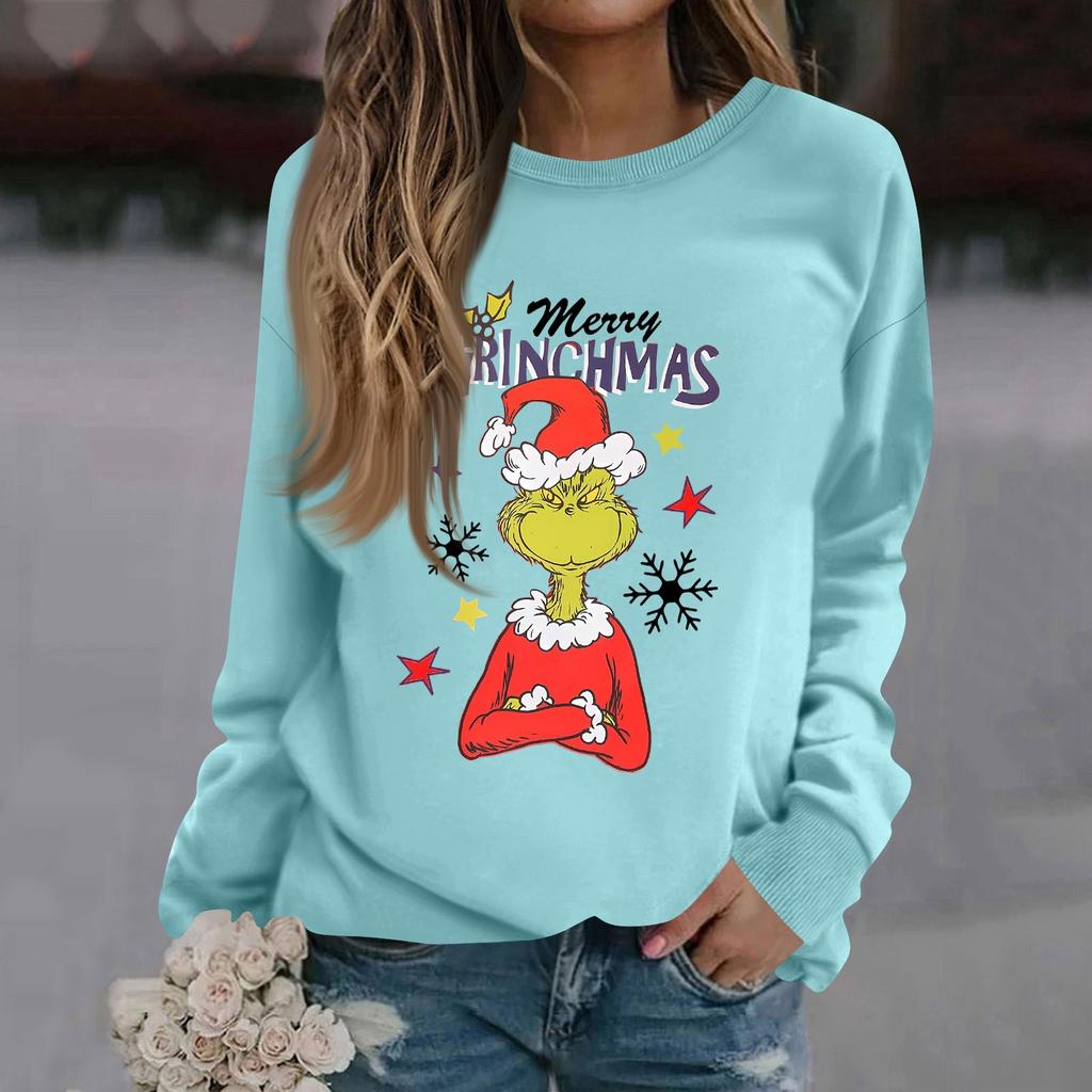 Women's Fashion Casual Long Sleeve Solid Color Christmas Printed Round Neck Top Sweatshirt