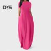 Women O Neck Short Sleeve Maxi Dress Loose Hem Side Pockets High Waist Solid Color Long Dress Streetwear