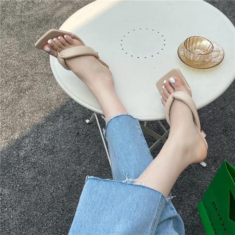 2024 Летняя мода Шлепанцы с квадратным носком Женские тапочки Туфли на высоком каблуке Женские мюли Шлепанцы для женщинld5f