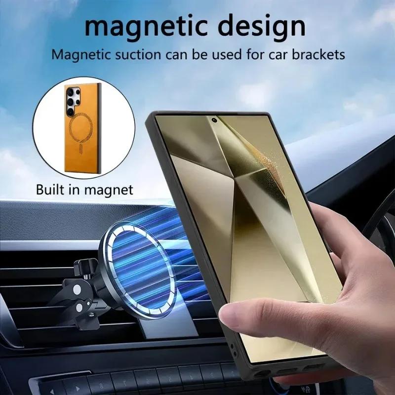 Чехол для Samsung Galaxy S24 Ultra S23 Plus S23FE Чехол для Magsafe Magnetic Luxury Plain Leather Wireless Charging Shell для Samsung S24+