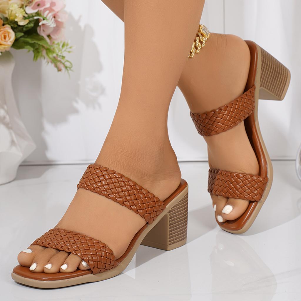 Модные повседневные слипоны с квадратным носком на высоком каблуке, шлепанцы, женские сандалии с этническим плетением, женские летние богемные пляжные шлепанцы для платья 2025