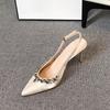 Sheepskin Version~ French Temperament Rhinestone Thin Heel Commuter Pointed High Heels Women's Summer Wear One Word with Bag Head Sandals