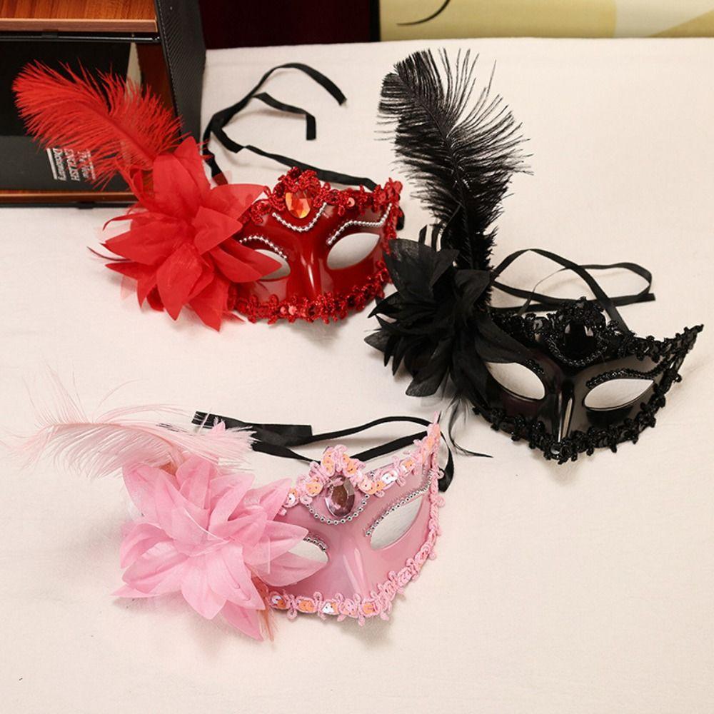 Flower Feather Mask Rhinestone Masquerade Ball Mask Creative Half-Face Mask Women's Event